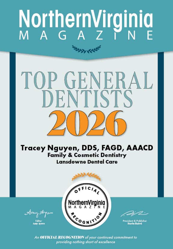 Northern Virginia Magazine cover announcing 'Top General Dentists 2026' featuring Tracey Nguyen, DDS, FAGD, AAACD and his/her practice name.